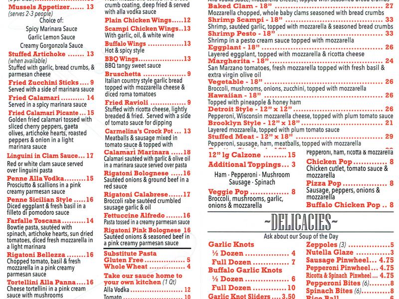 Carmelina's Pizzeria and Ristorante Menu