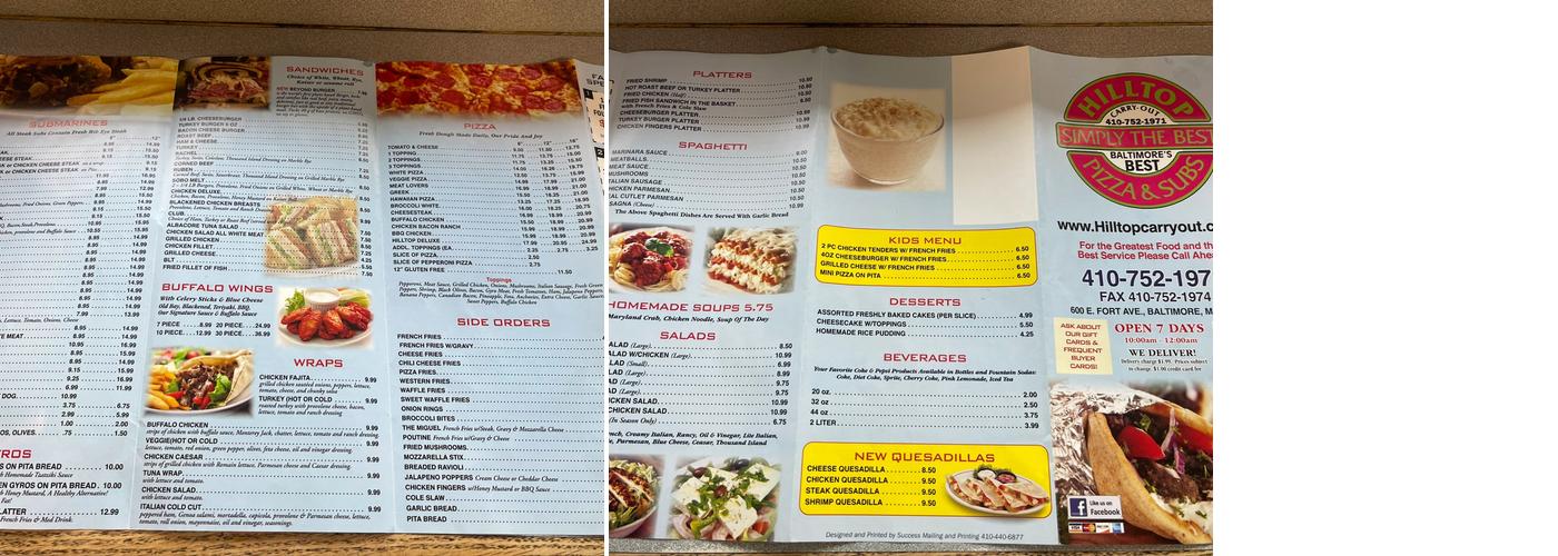 Hilltop carry out Menu