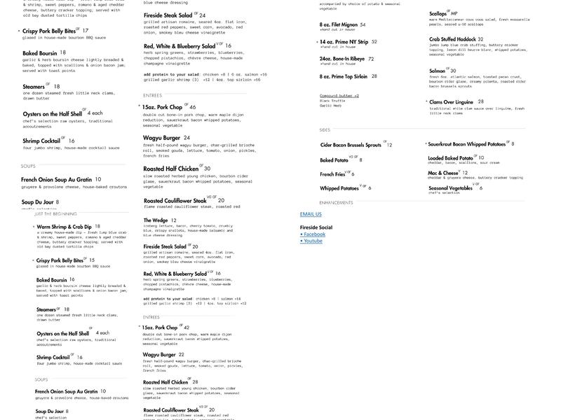 Fireside By The River Menu