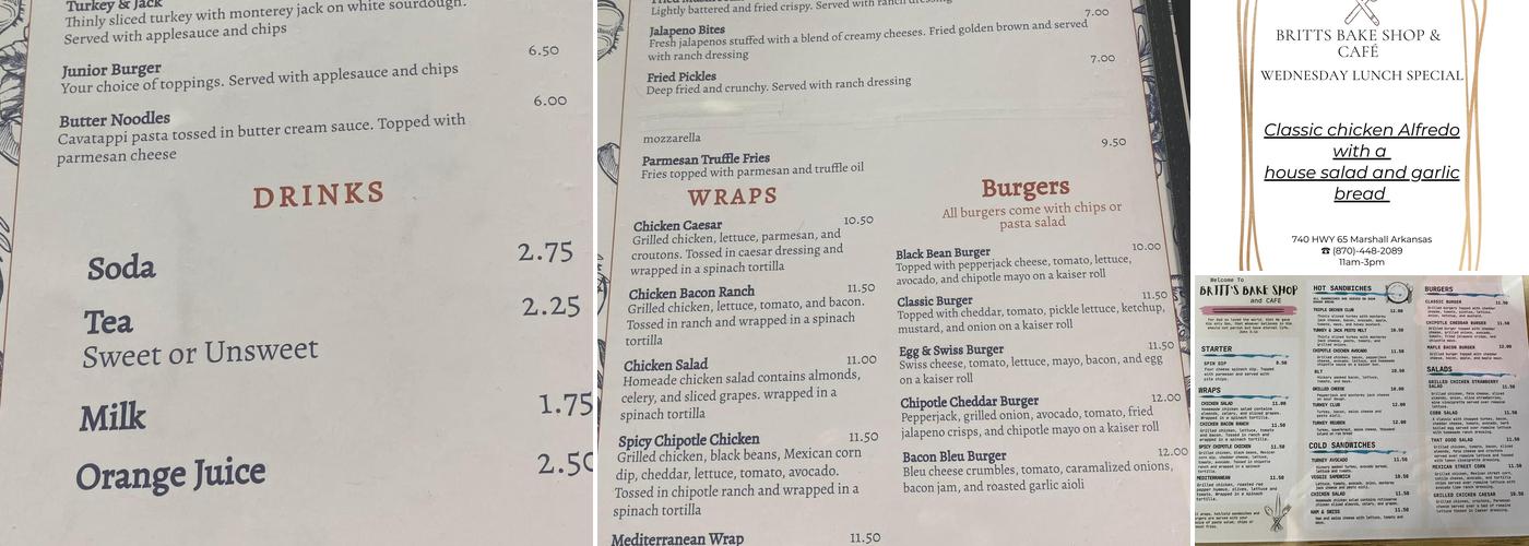 Britt's Bake Shop and Cafe Menu