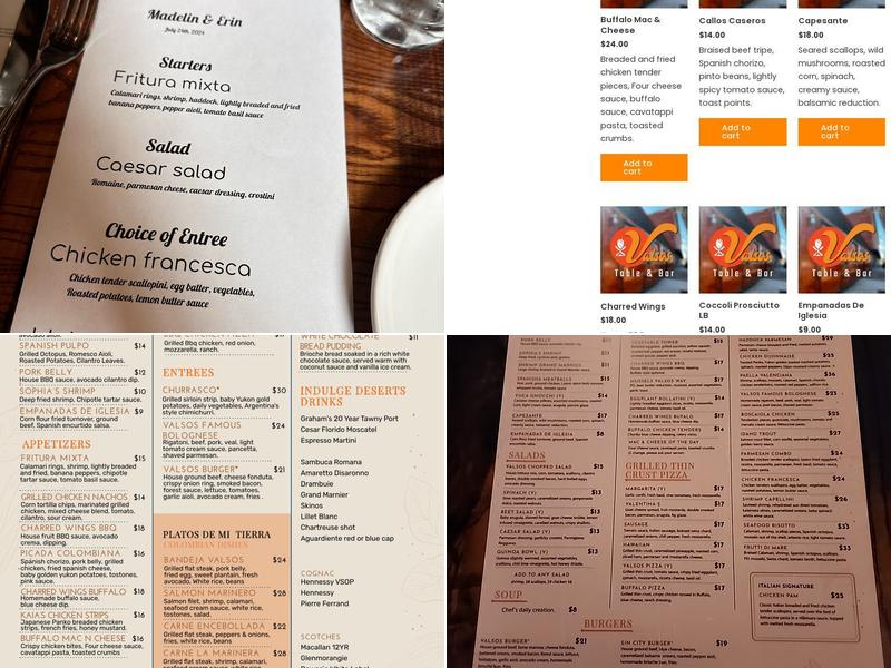 Valsos Table and Bar Menu