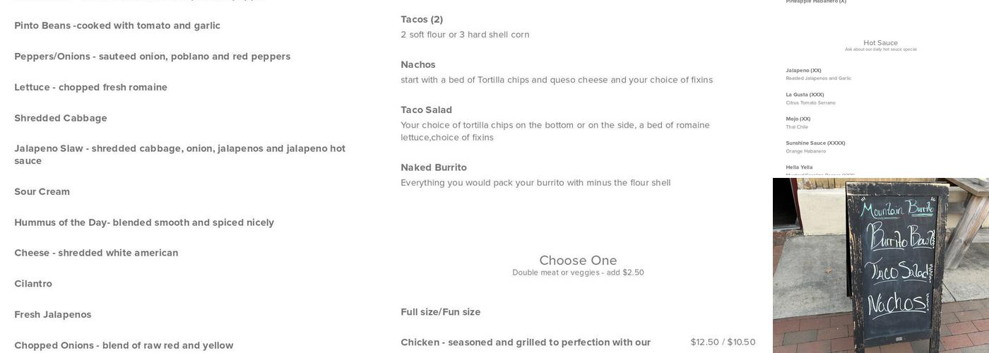 Mountain Burrito Menu