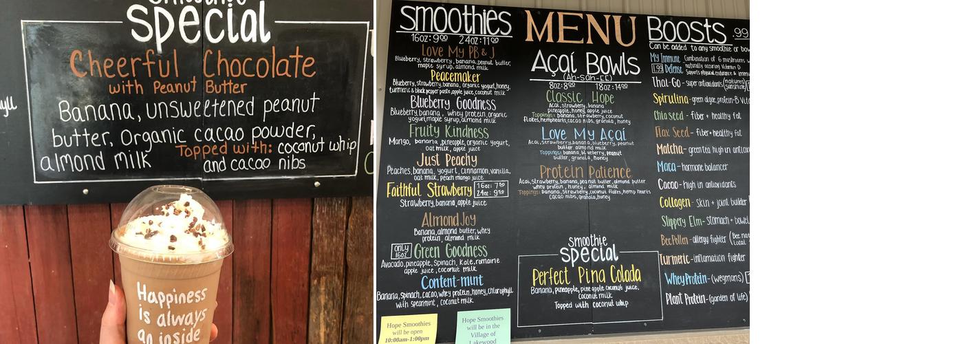 Hope Smoothies Menu