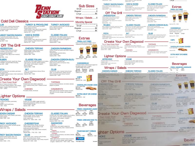 Penn Station East Coast Subs Menu