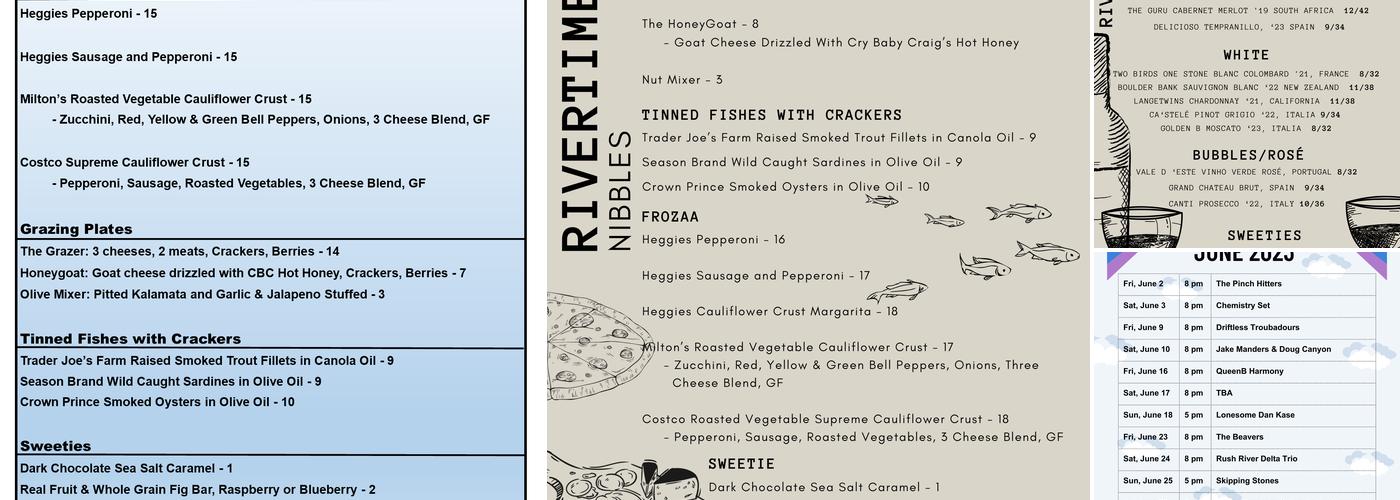 RiverTime. Wine ~ Beer ~ Amusements Menu