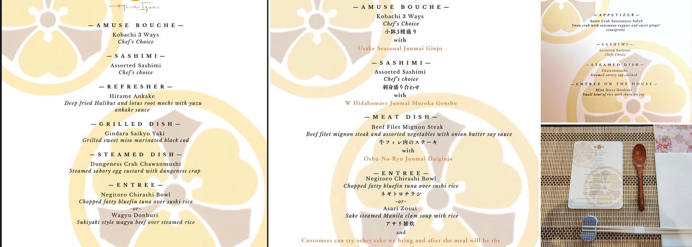 Hana Izumi Japanese Kaiseki Food Menu