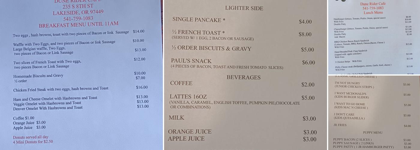 Dune Rider Cafe Menu