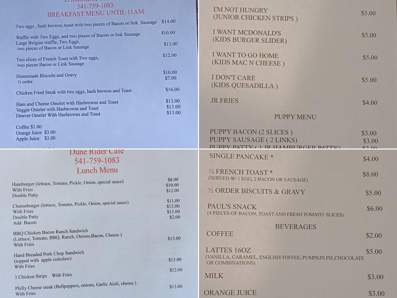 Dune Rider Cafe Menu