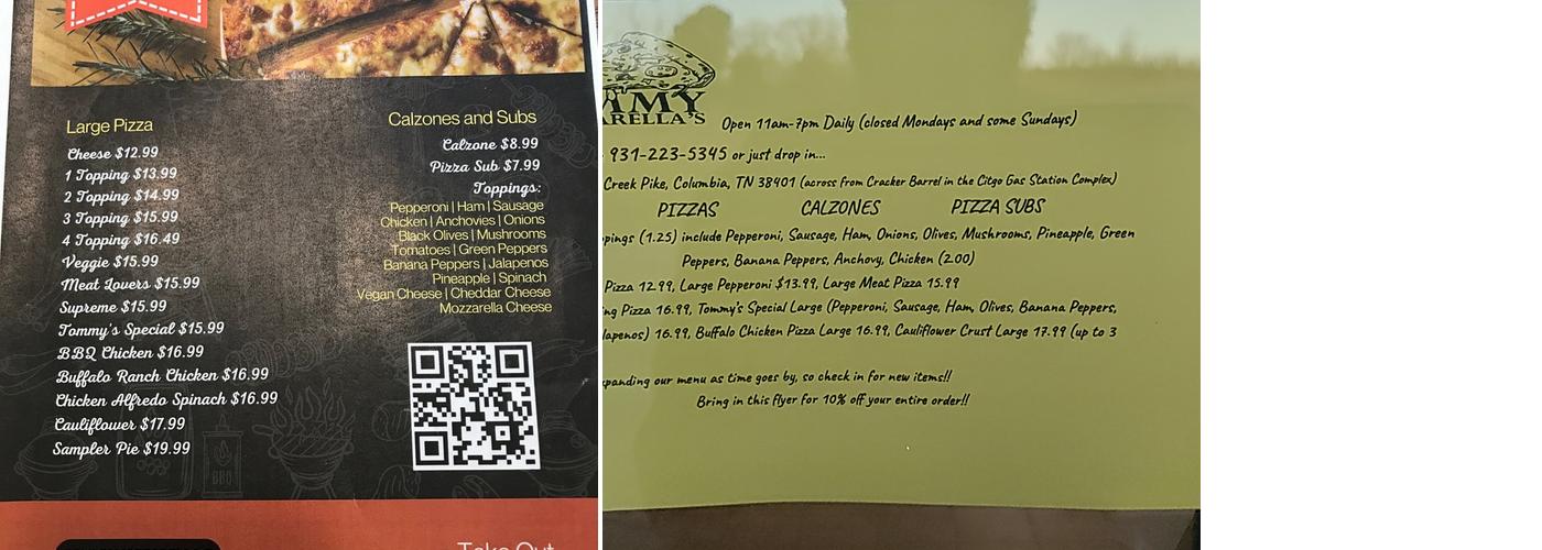 Tommy Mozzarella's Menu