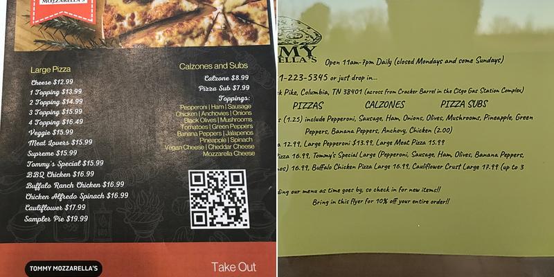 Tommy Mozzarella's Menu