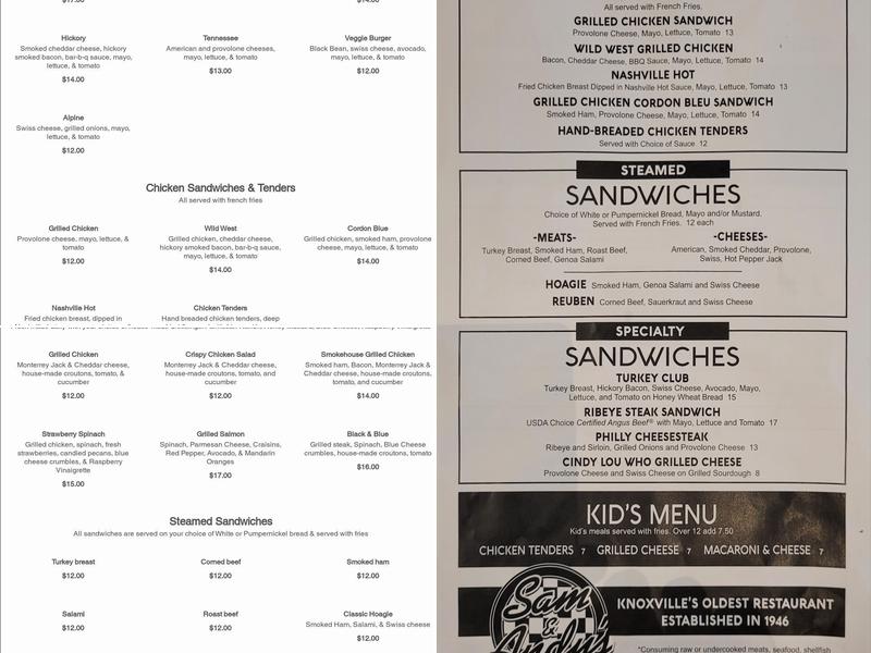 Sam & Andy's Bexhill Menu