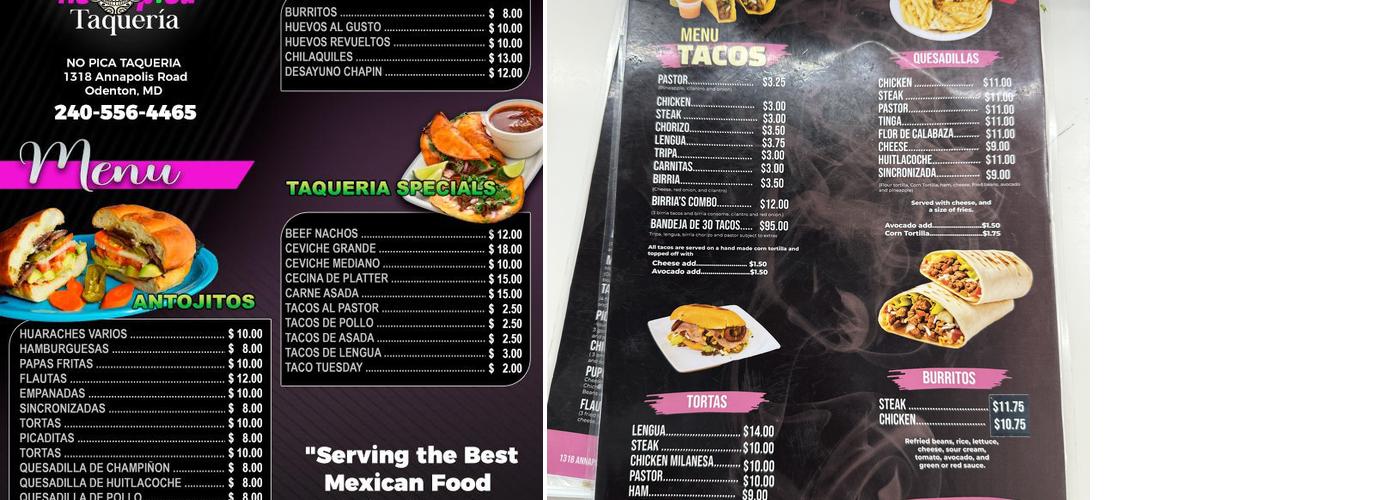 No pica taqueria Menu