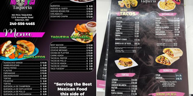 No pica taqueria Menu