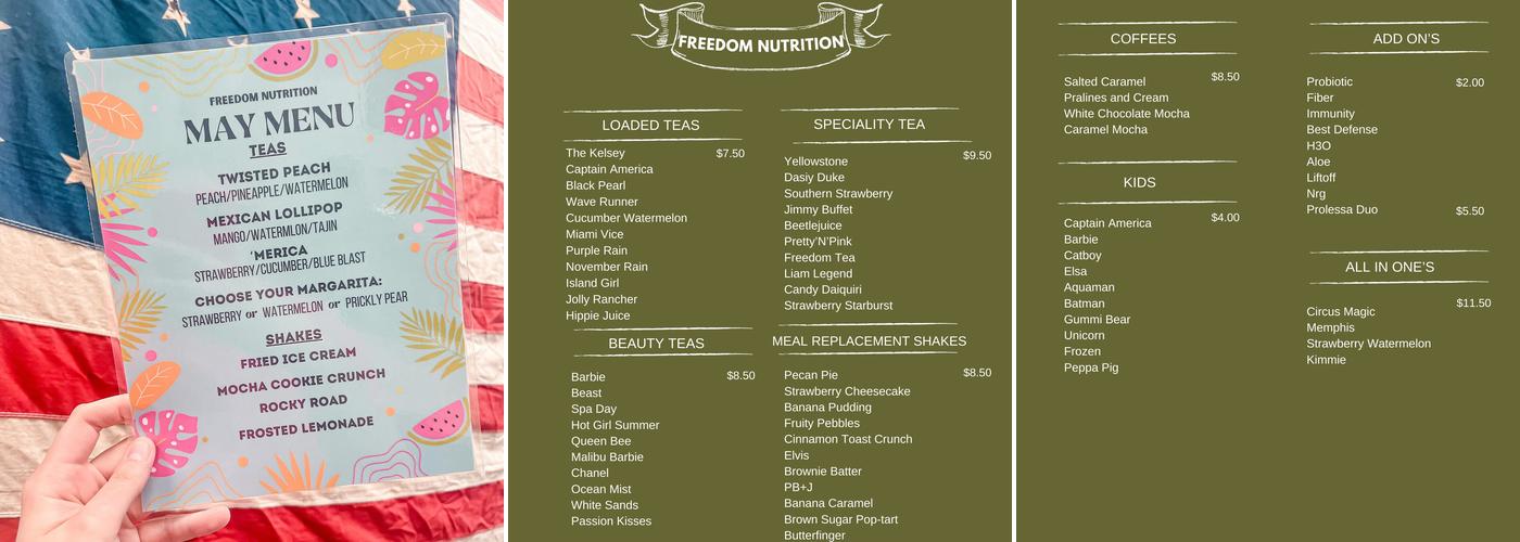 Freedom Nutrition Menu