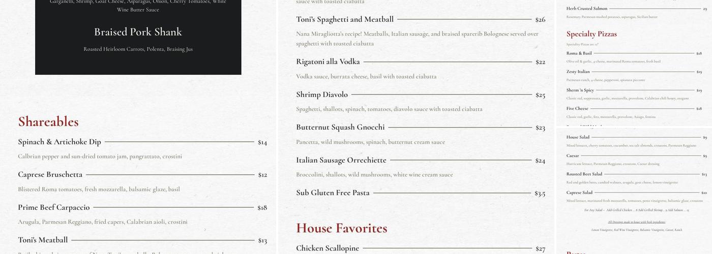 Toni's Trattoria Menu
