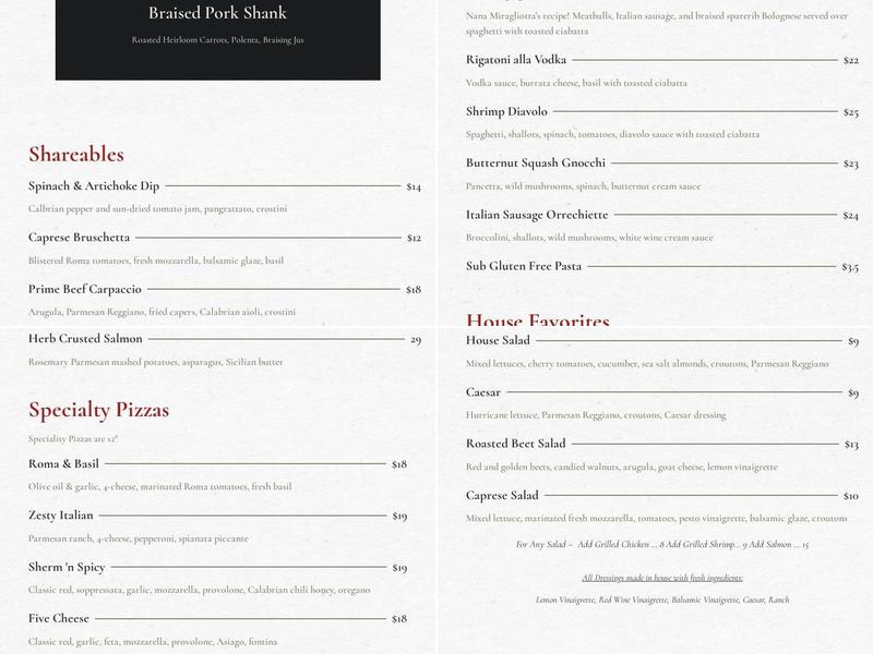 Toni's Trattoria Menu