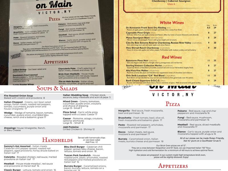 Fire on Main Brick Oven Kitchen Menu