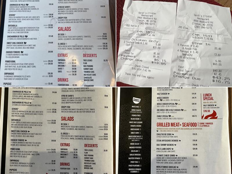 Sardi's Peruvian Chicken Menu