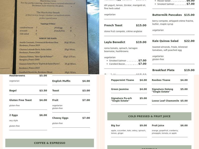 The Bar at MacArthur Menu