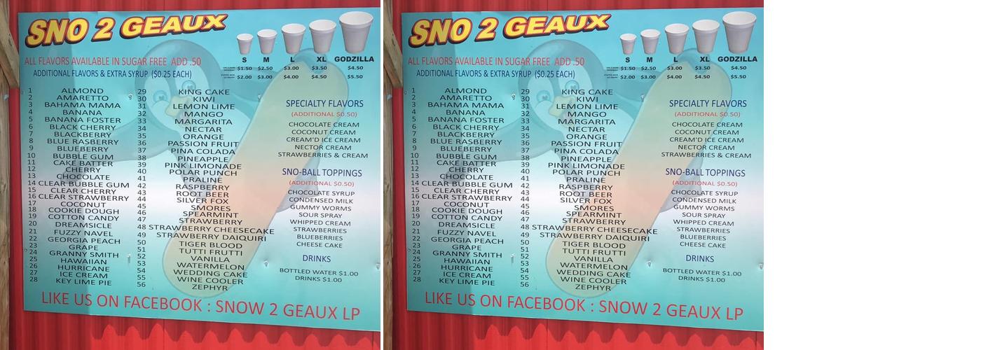Sno 2 Geaux LP Menu