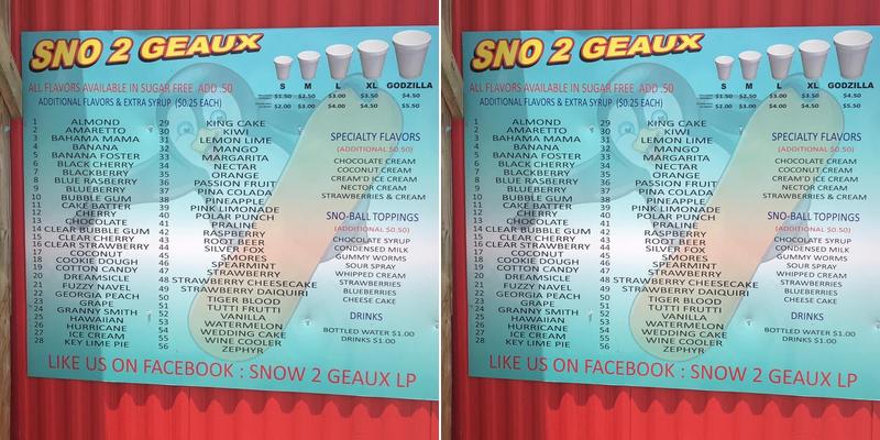 Sno 2 Geaux LP Menu