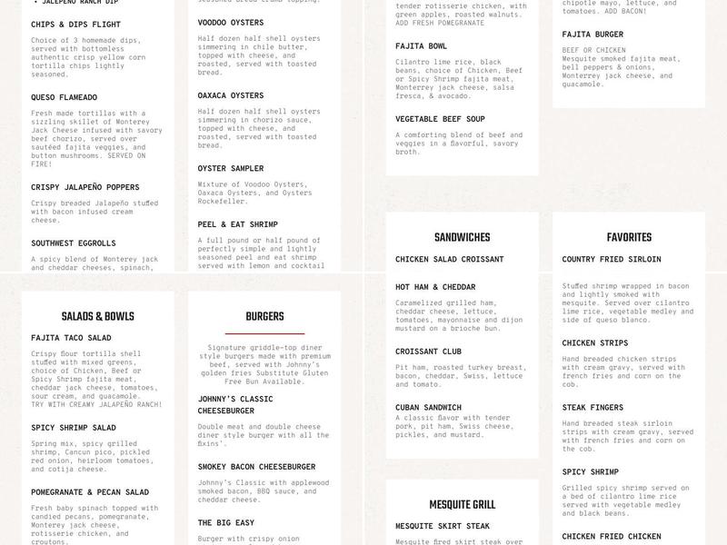 Johnny Fab's Cadillac Grill Menu