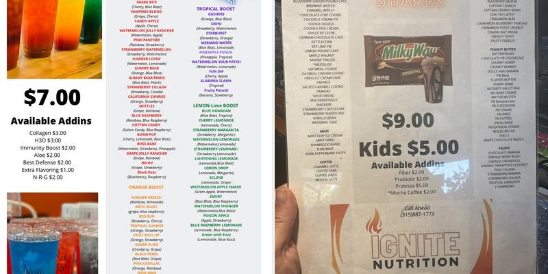 Ignite Nutrition Menu