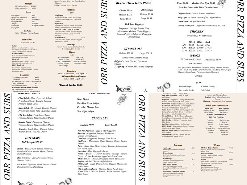 Orr Pizza and Subs Menu