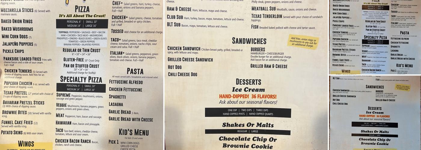 Parkside Pizza and Ice Cream Menu