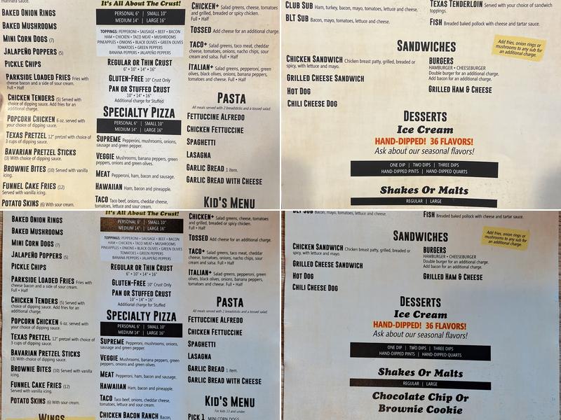 Parkside Pizza and Ice Cream Menu