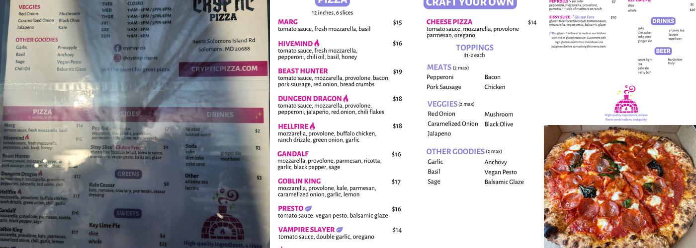 Cryptic Pizza Menu