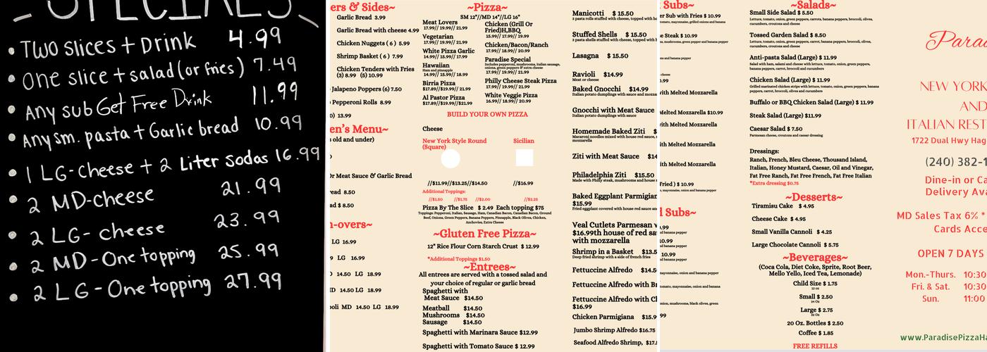 Paradise NY Style Pizza & Italian Restaurant Menu