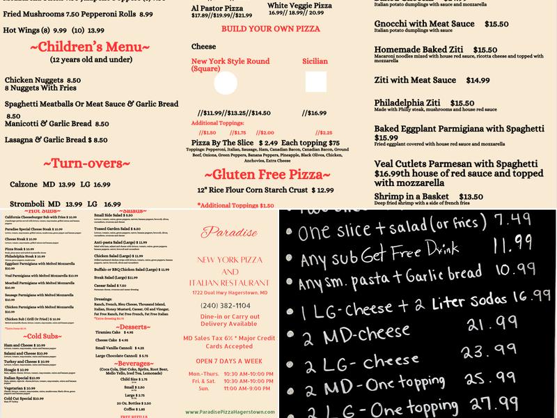 Paradise NY Style Pizza & Italian Restaurant Menu