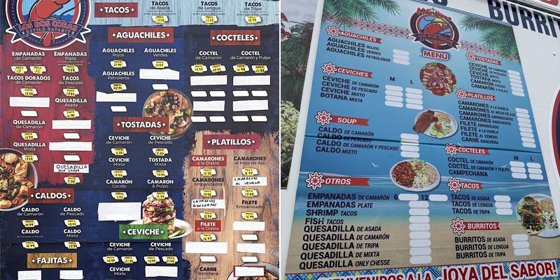 Mariscos los dos coras Menu