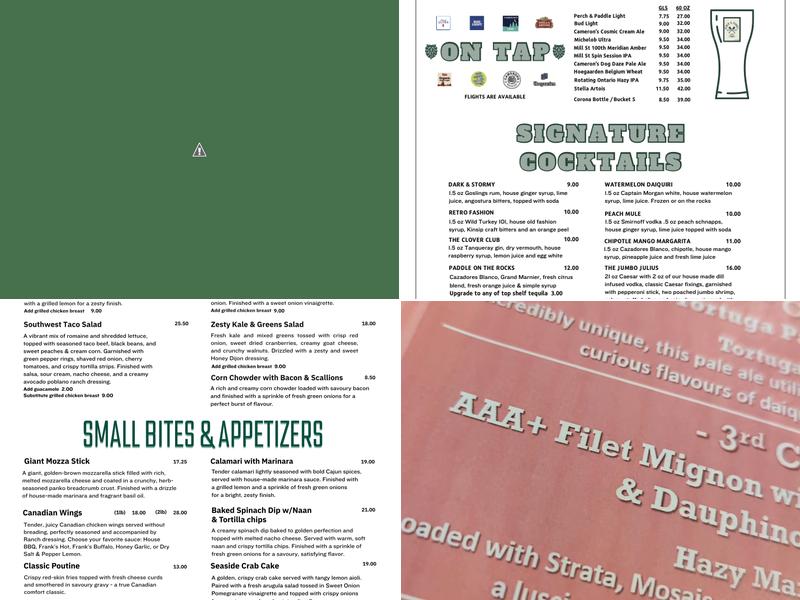 Perch and Paddle Pub Menu