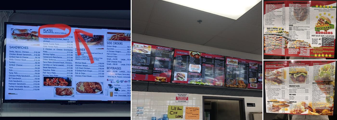 All Star Burger Store Number 2 Menu