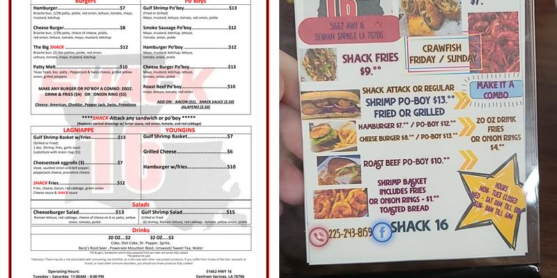Shack 16 Menu