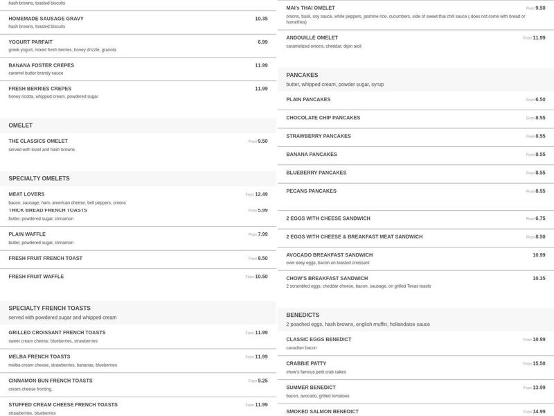 Chow's Corner Cafe Menu