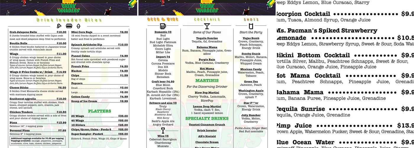 Drink Invaders Menu