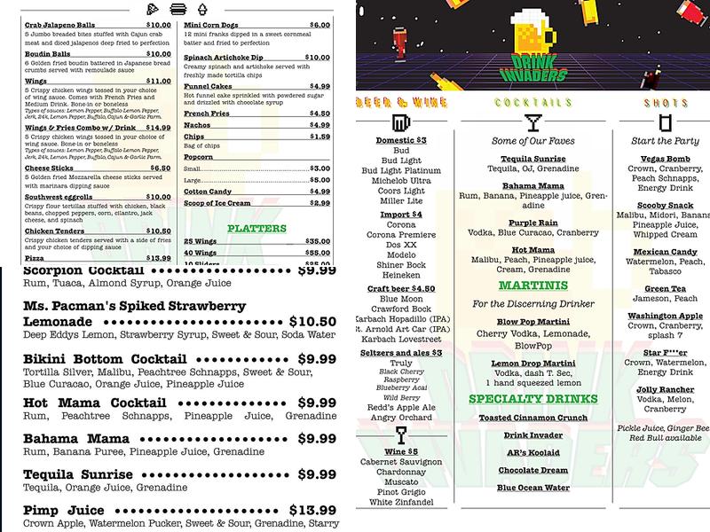 Drink Invaders Menu