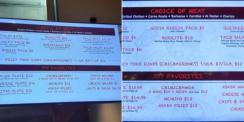 777 Tacos Menu
