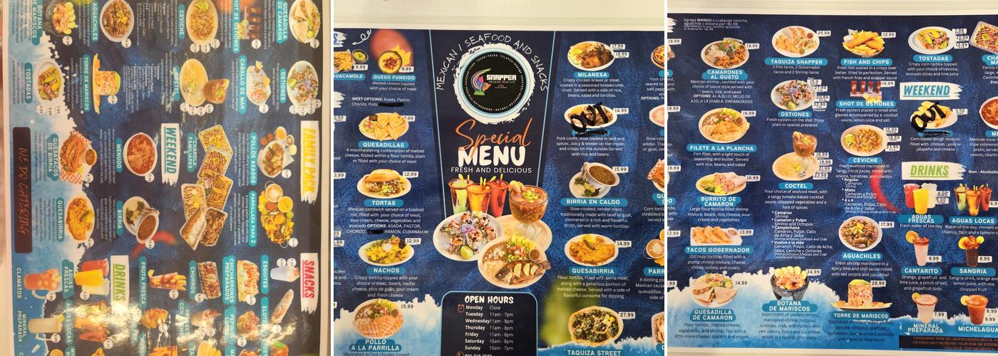 Snapper Mexican Seafood Menu