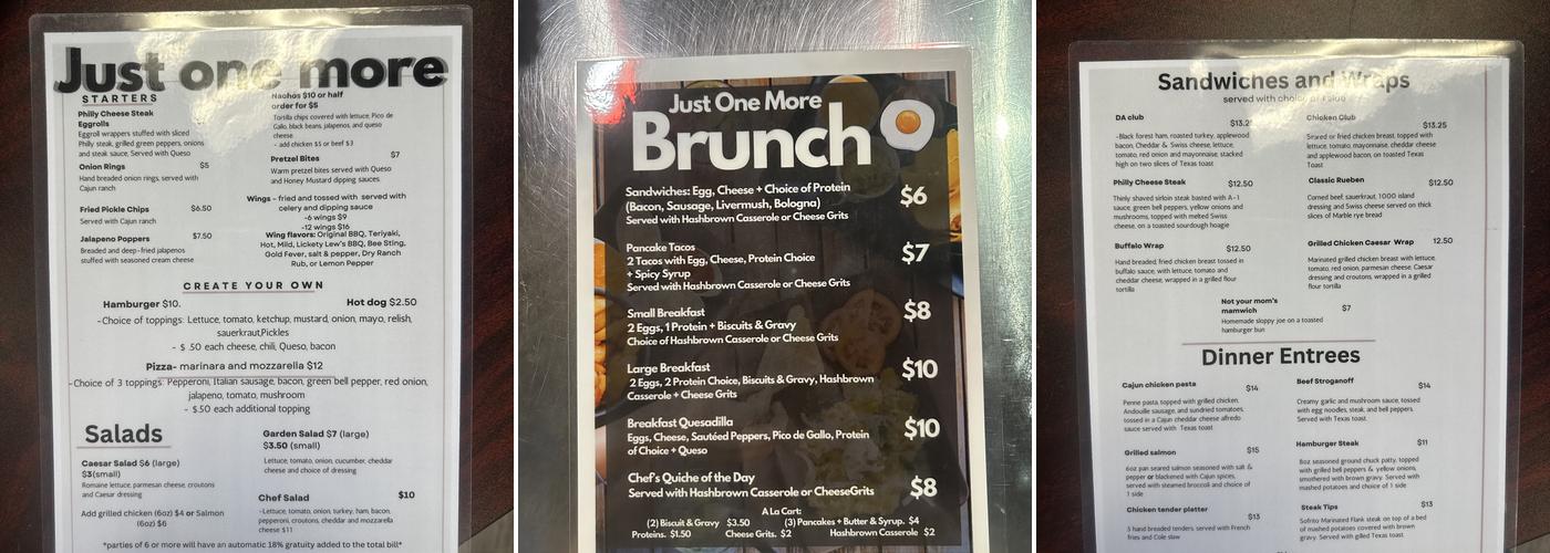 Just One More Restaurant and Bar Menu