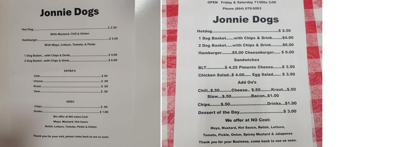 Jonnie Dogs Menu