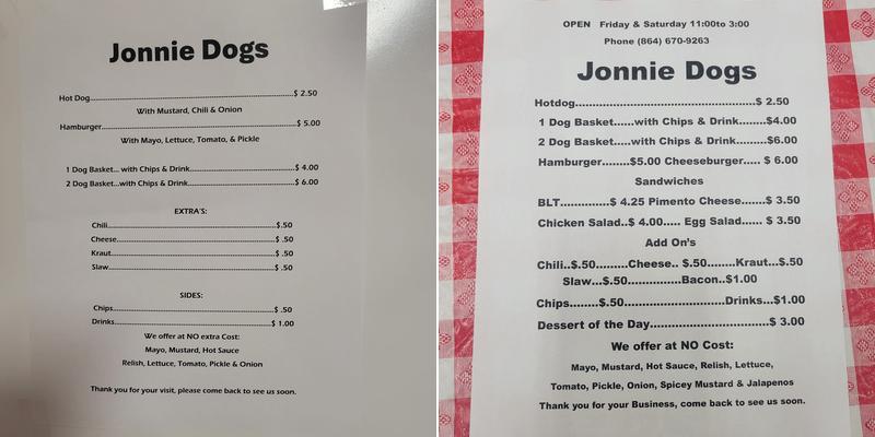 Jonnie Dogs Menu