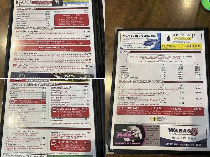 IN-OH's Stateline Bar & Grill, LLC. Menu