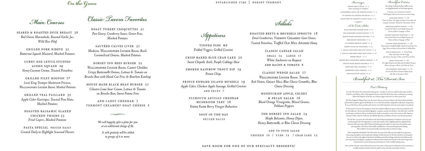 Dorset Inn Restaurant and Tavern Menu