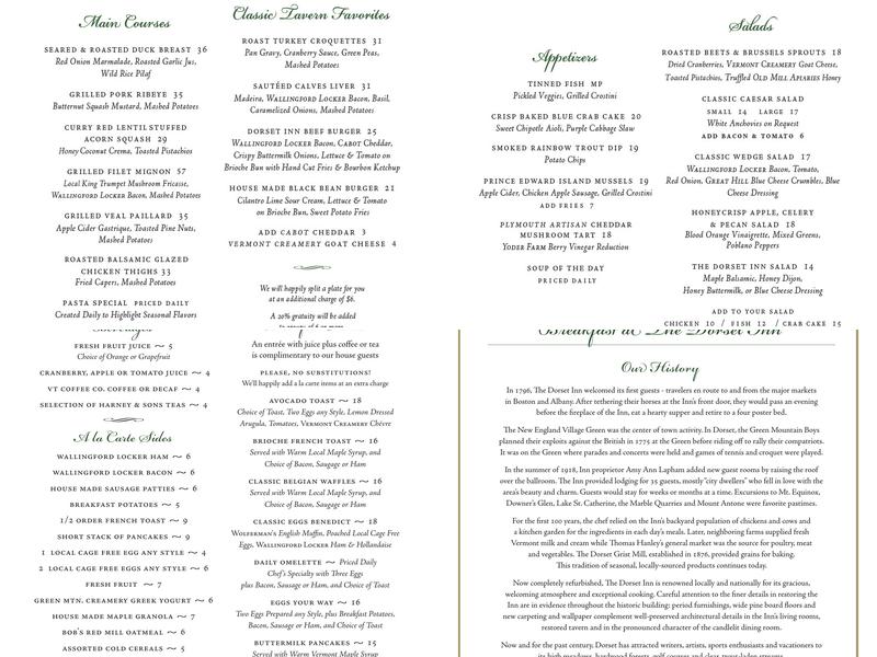 Dorset Inn Restaurant and Tavern Menu