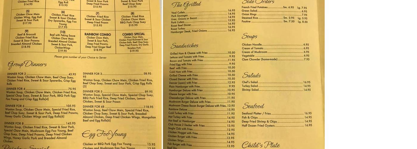 Rainbow Restaurant Menu