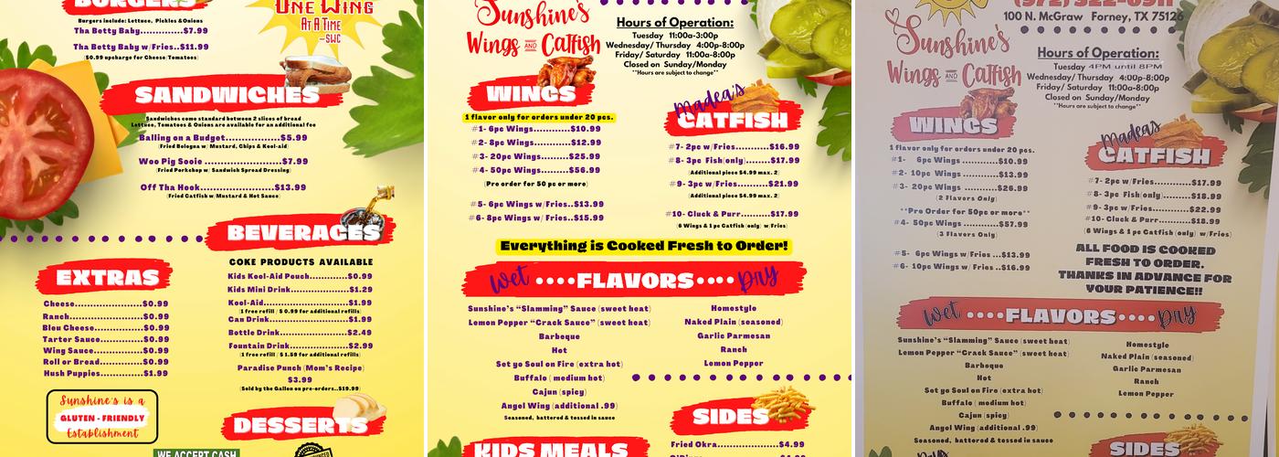 Sunshine's Wings and Catfish Menu